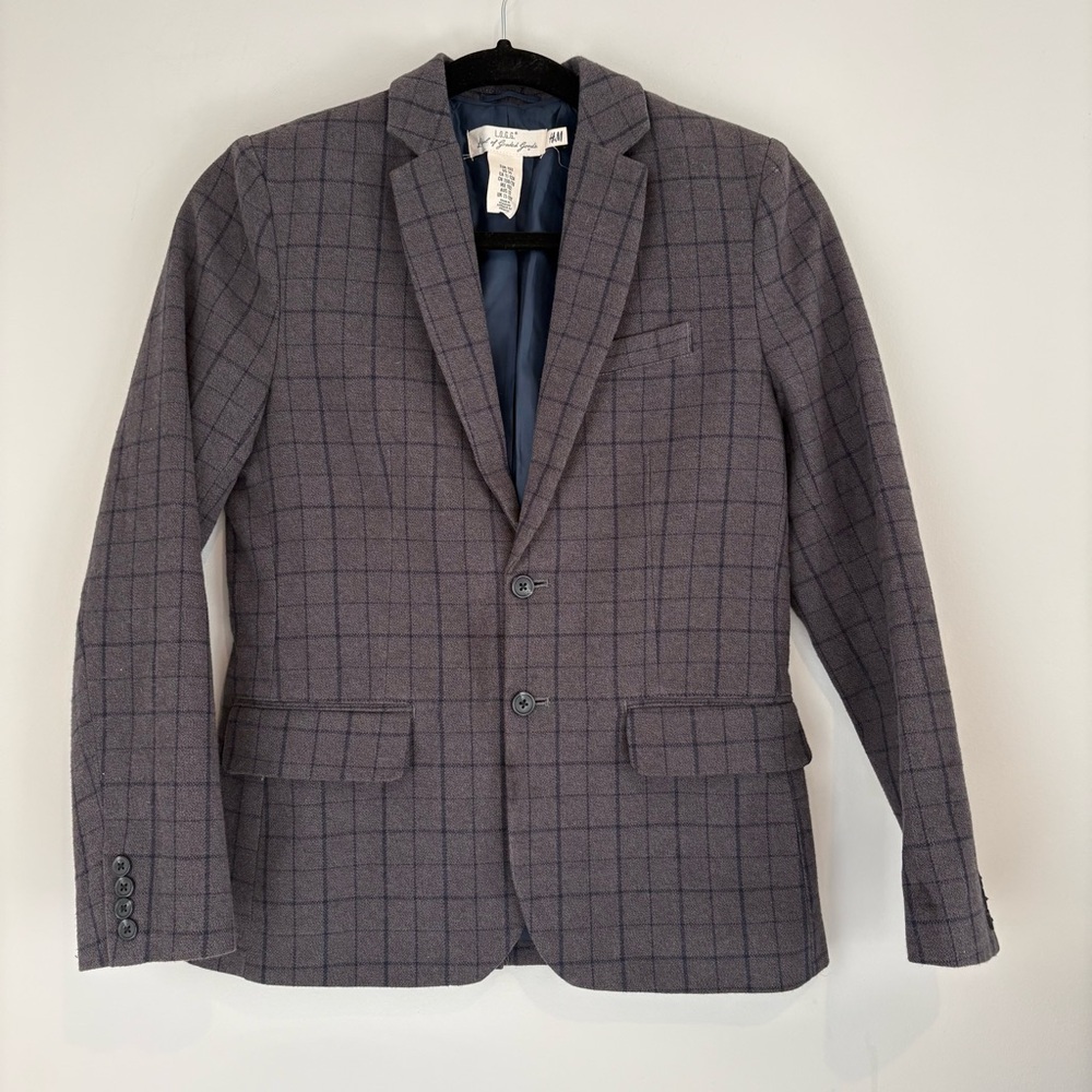 H&M Girls Size 14 Grey and Blue Checkered Blazer
